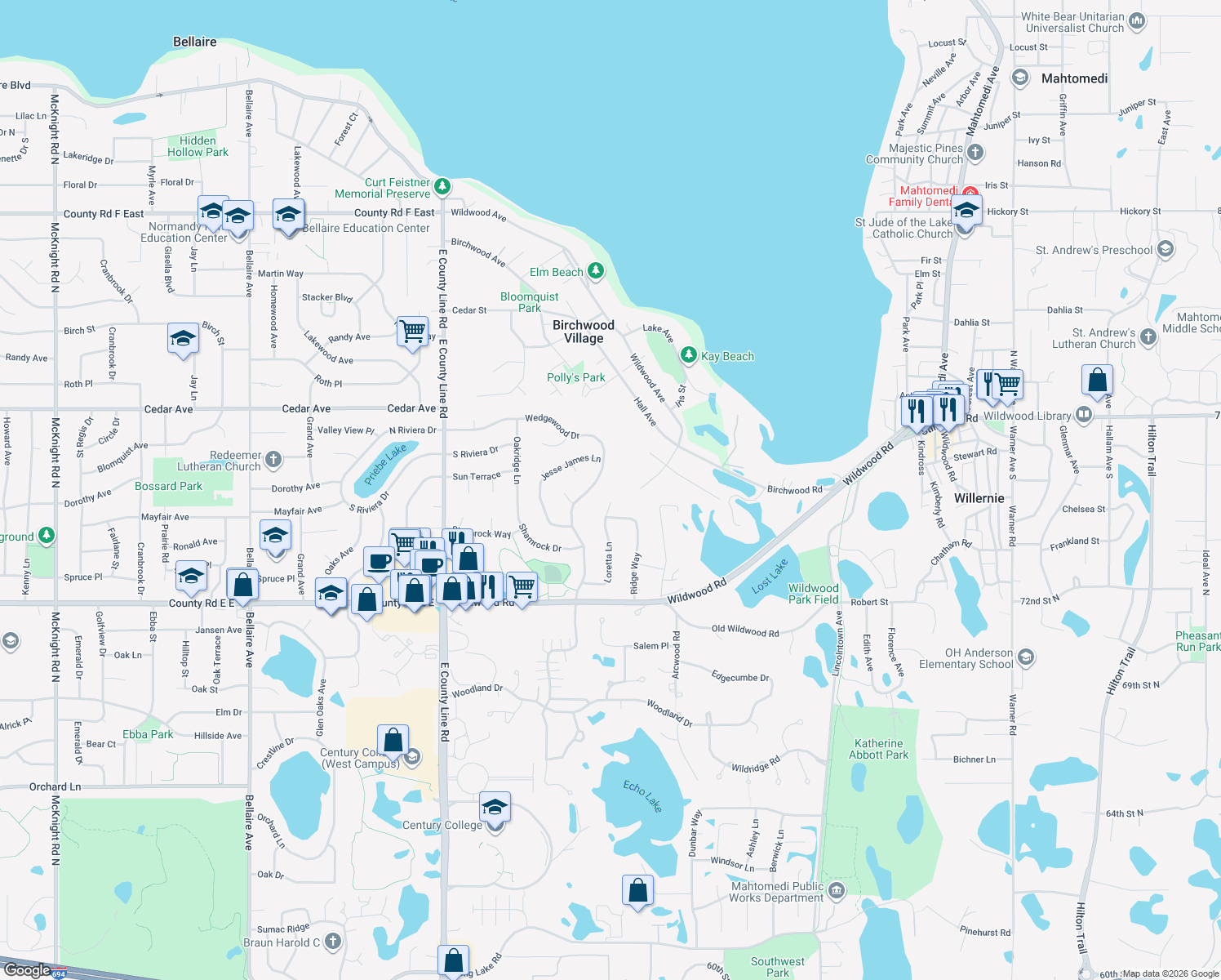 map of restaurants, bars, coffee shops, grocery stores, and more near 199 Loretta Lane in White Bear Lake