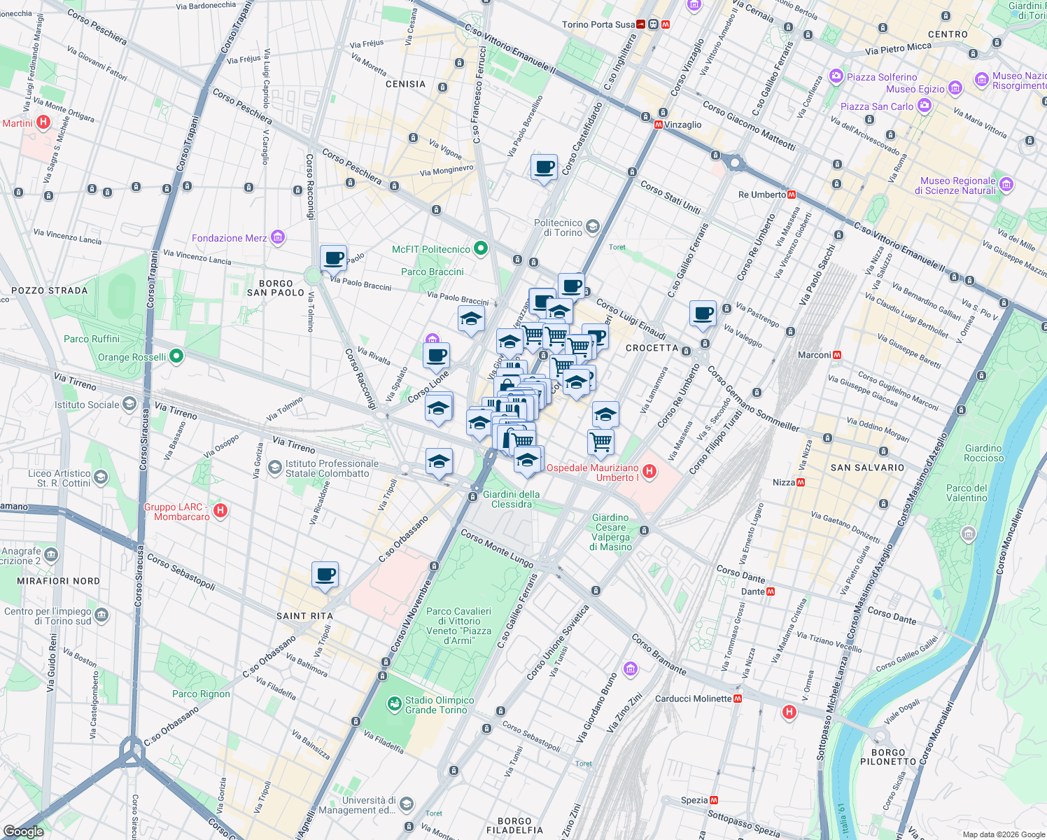 map of restaurants, bars, coffee shops, grocery stores, and more near in Torino