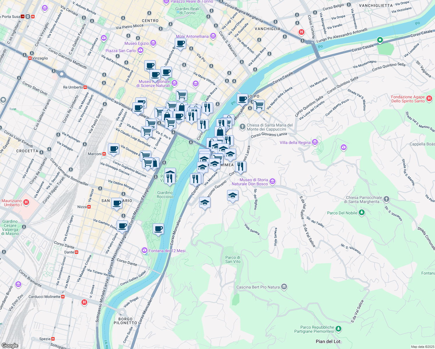 map of restaurants, bars, coffee shops, grocery stores, and more near 12 Via Mentana in Torino