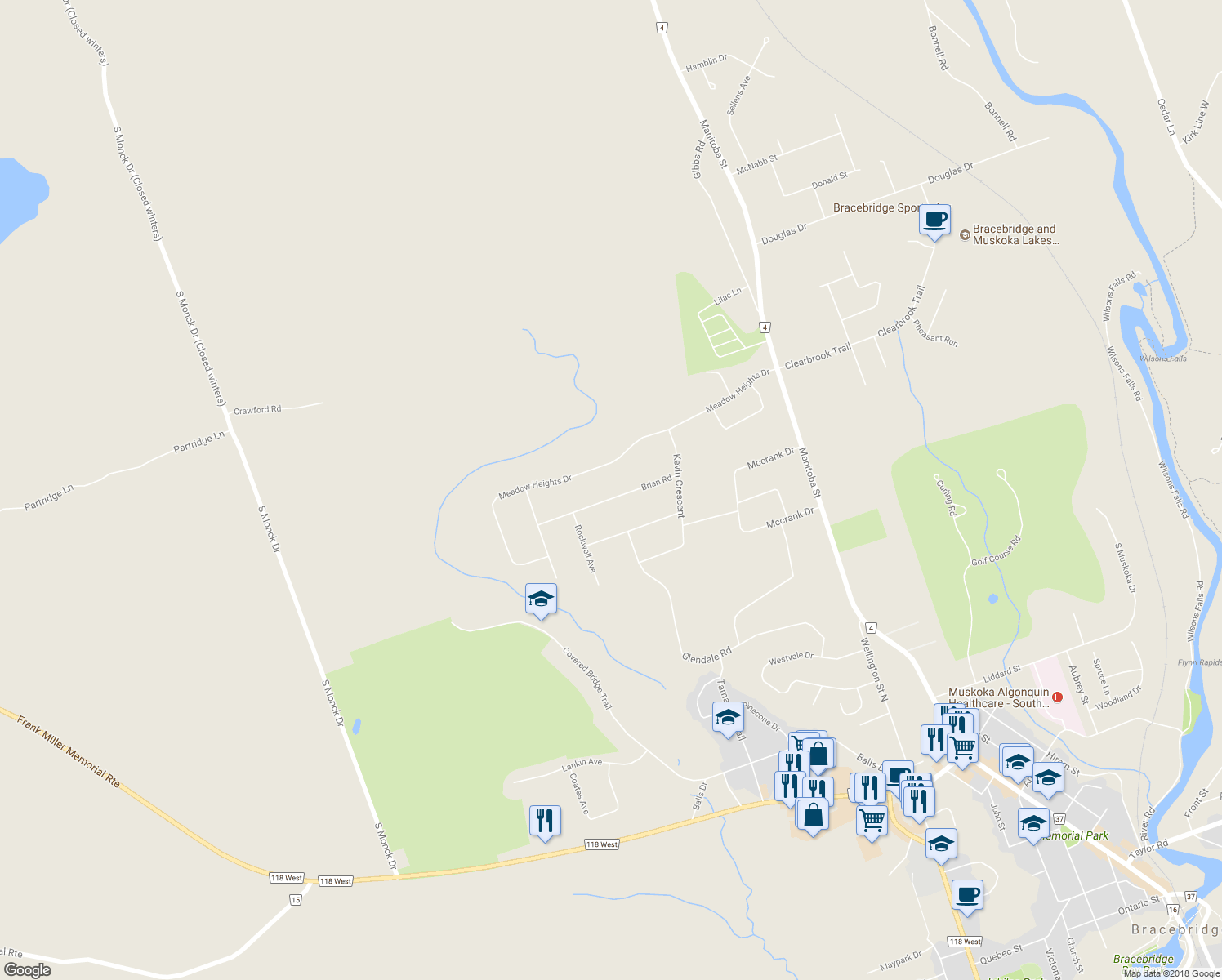 map of restaurants, bars, coffee shops, grocery stores, and more near 20 Brian Road in Bracebridge