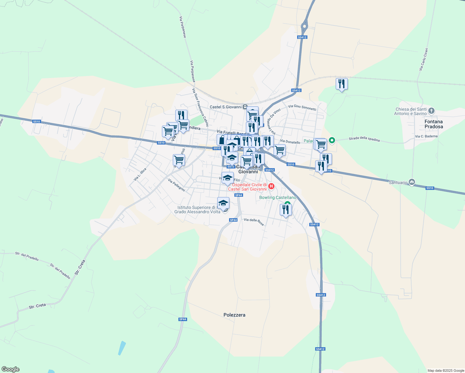 map of restaurants, bars, coffee shops, grocery stores, and more near 11 Via XXIV Maggio in Castel San Giovanni