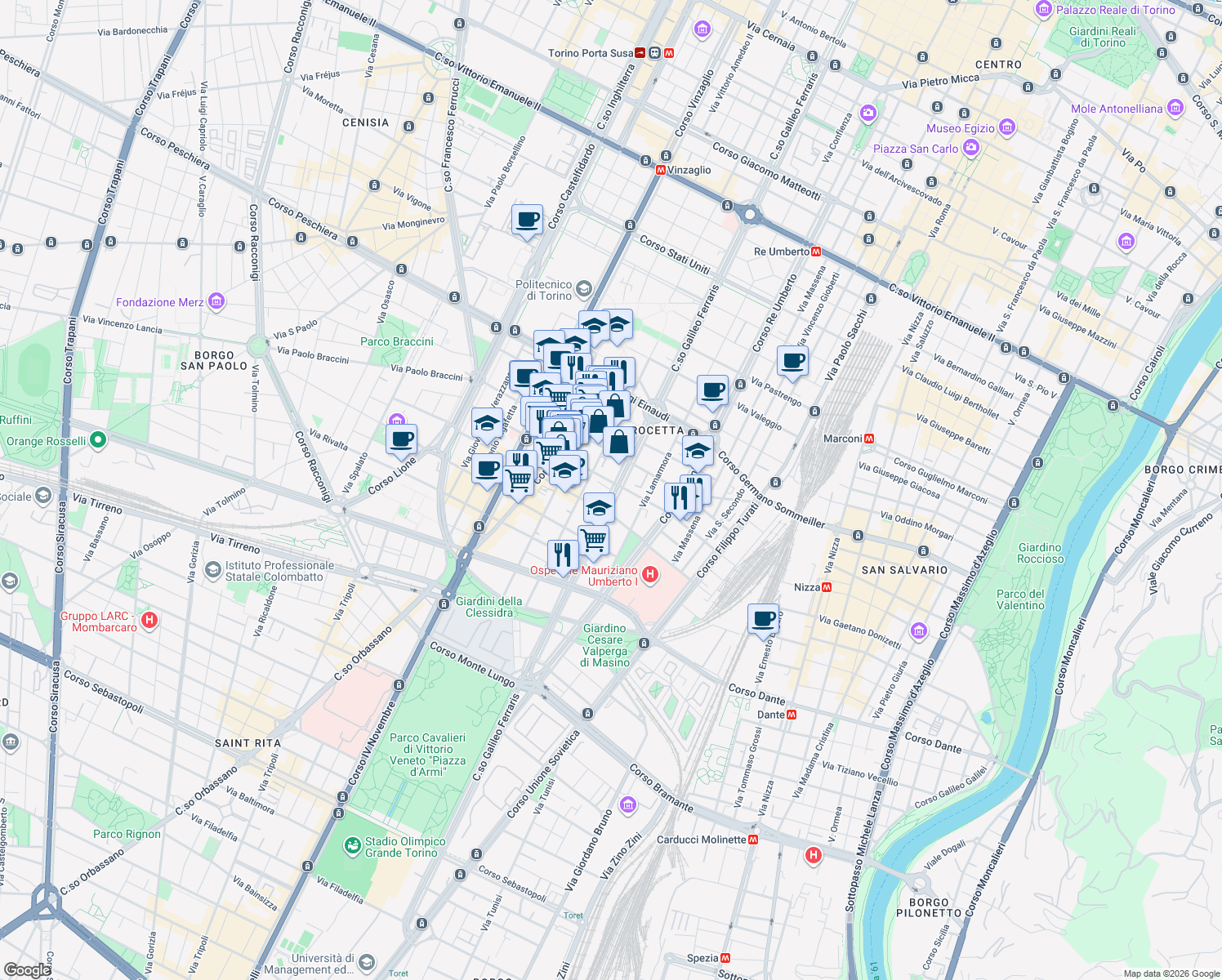 map of restaurants, bars, coffee shops, grocery stores, and more near 102 Corso Galileo Ferraris in Torino
