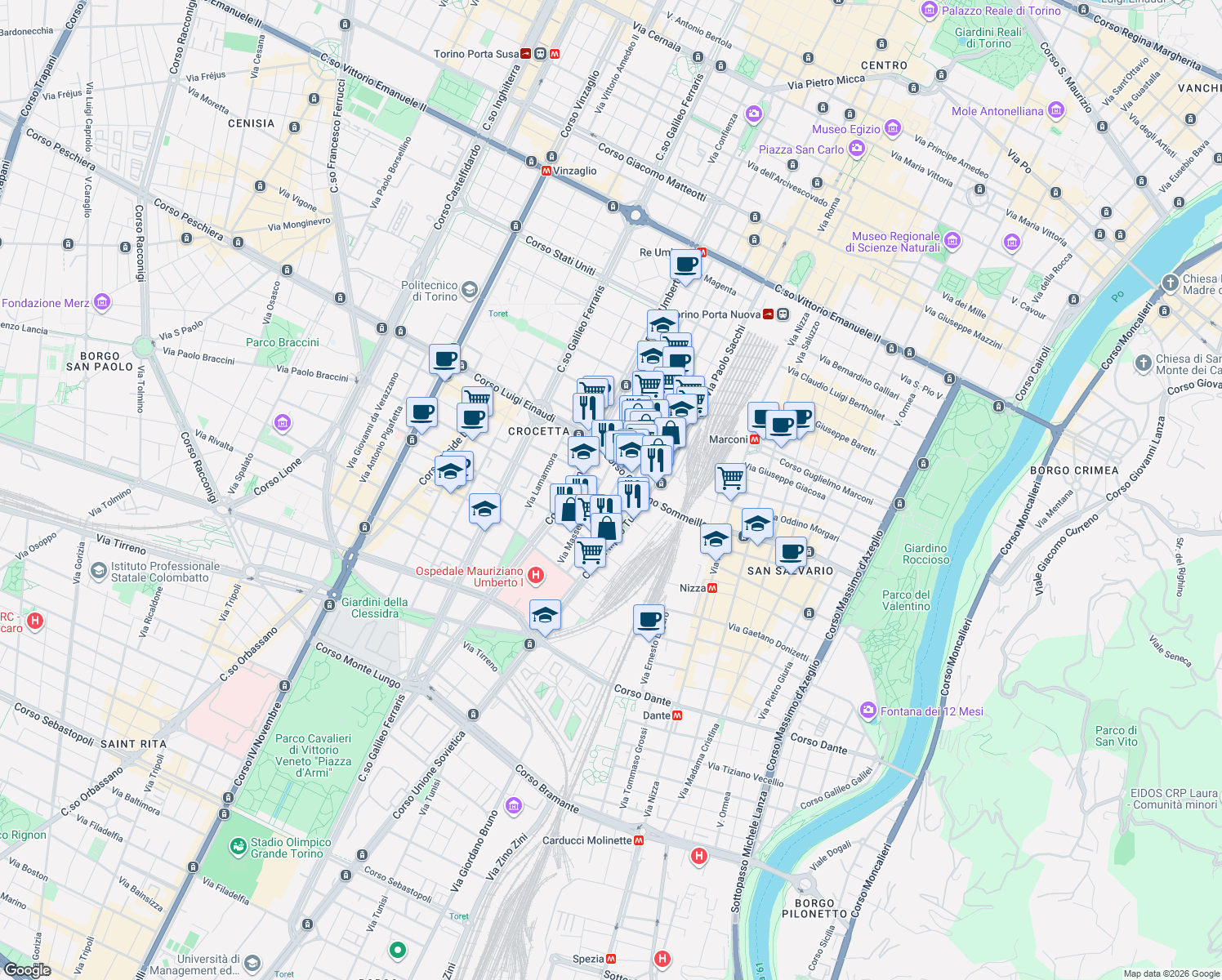map of restaurants, bars, coffee shops, grocery stores, and more near 86 Via Vincenzo Gioberti in Torino