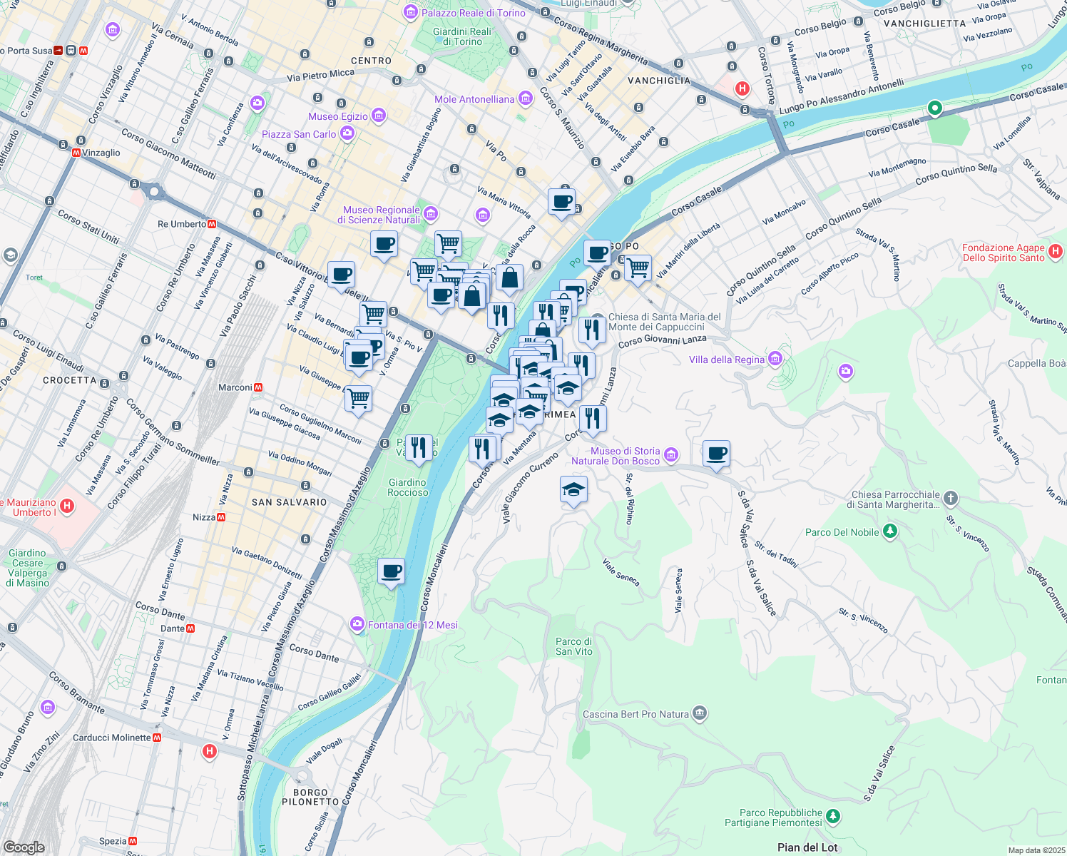 map of restaurants, bars, coffee shops, grocery stores, and more near 12 Via Mentana in Torino