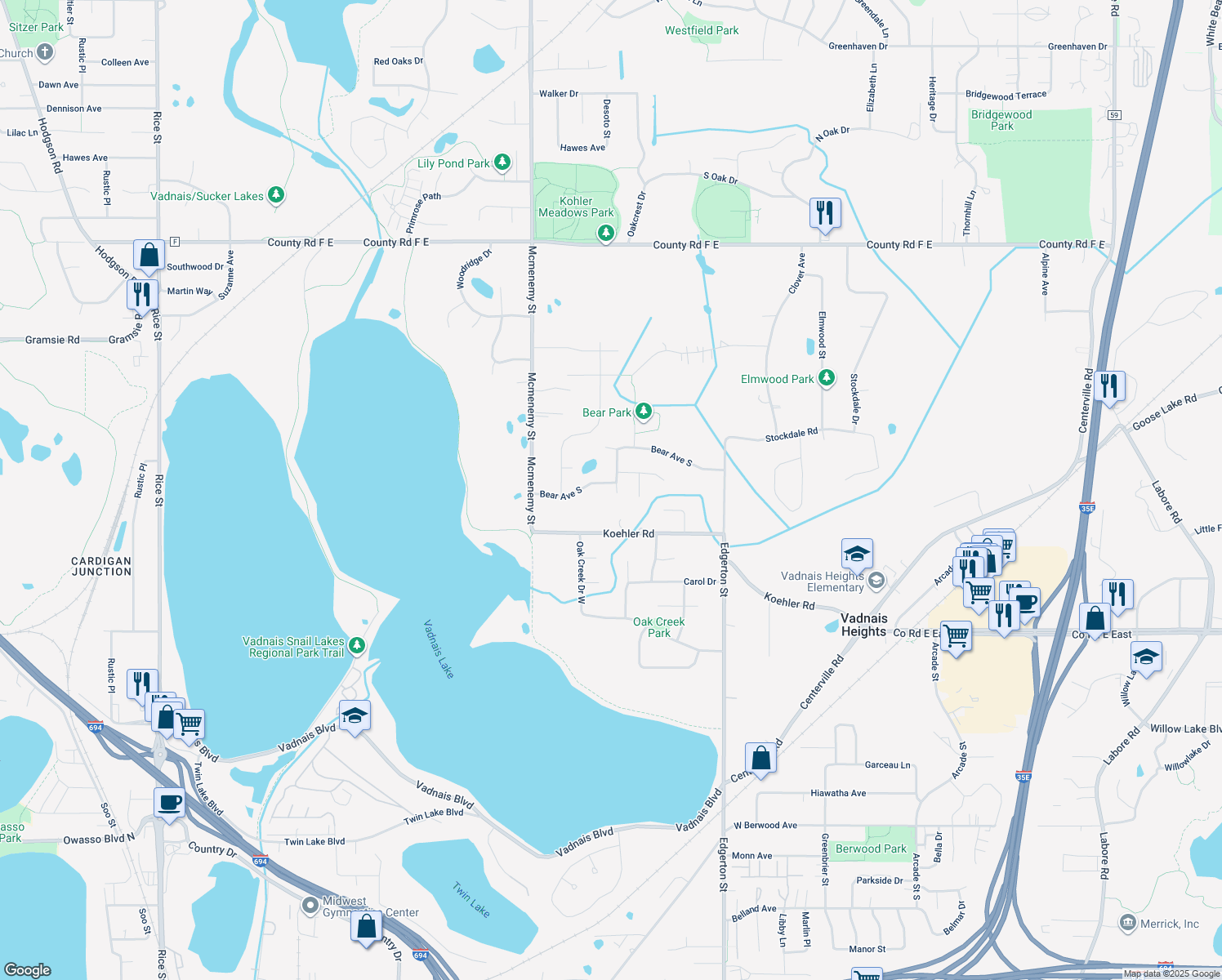 map of restaurants, bars, coffee shops, grocery stores, and more near 428 Bear Avenue South in Vadnais Heights