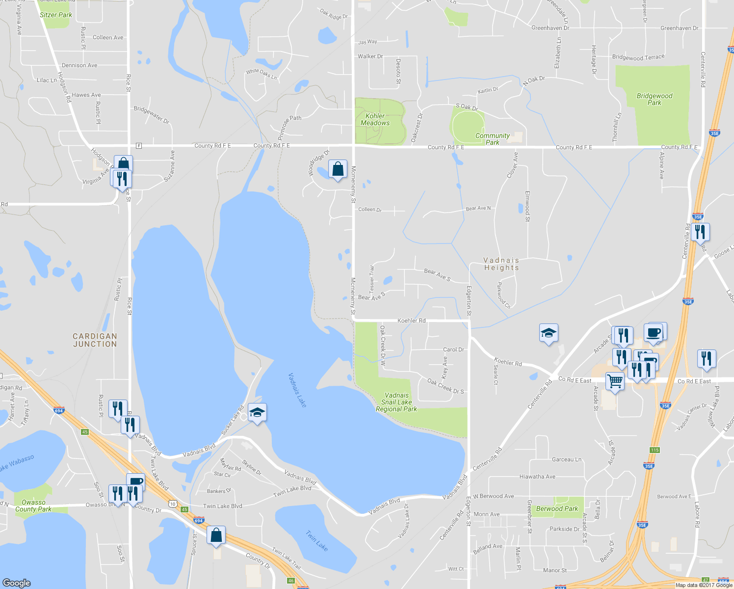 map of restaurants, bars, coffee shops, grocery stores, and more near 369 Bear Avenue South in Vadnais Heights