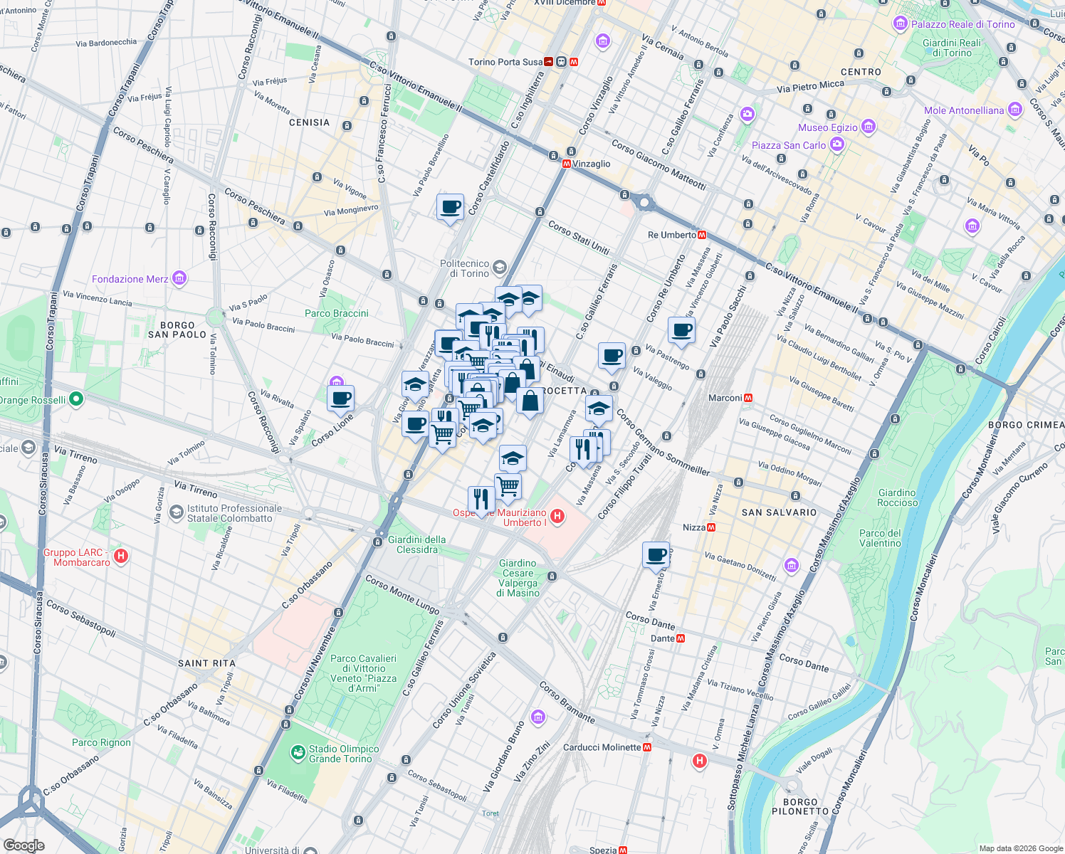 map of restaurants, bars, coffee shops, grocery stores, and more near 102 Corso Galileo Ferraris in Torino