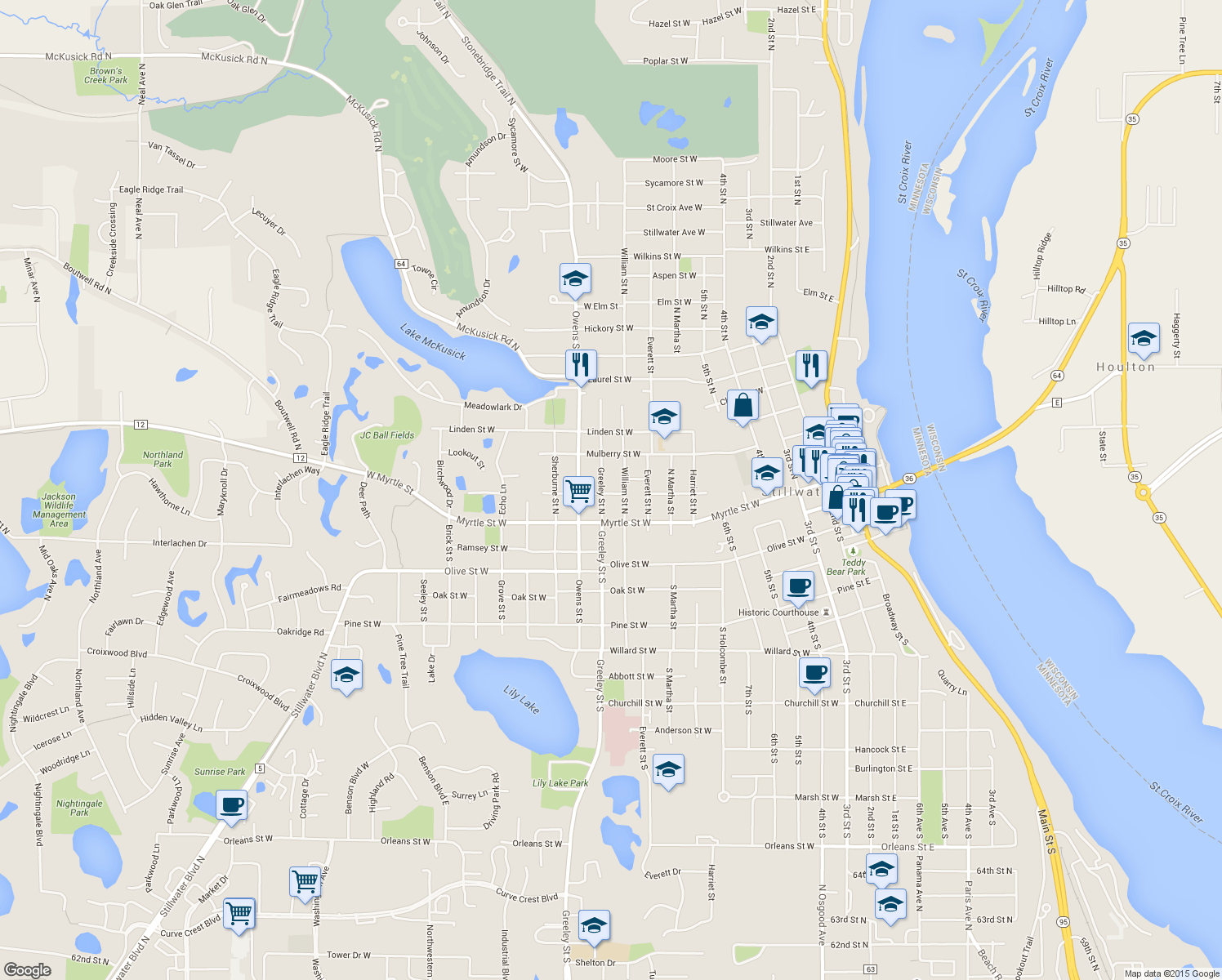 map of restaurants, bars, coffee shops, grocery stores, and more near 120 William St N in Stillwater