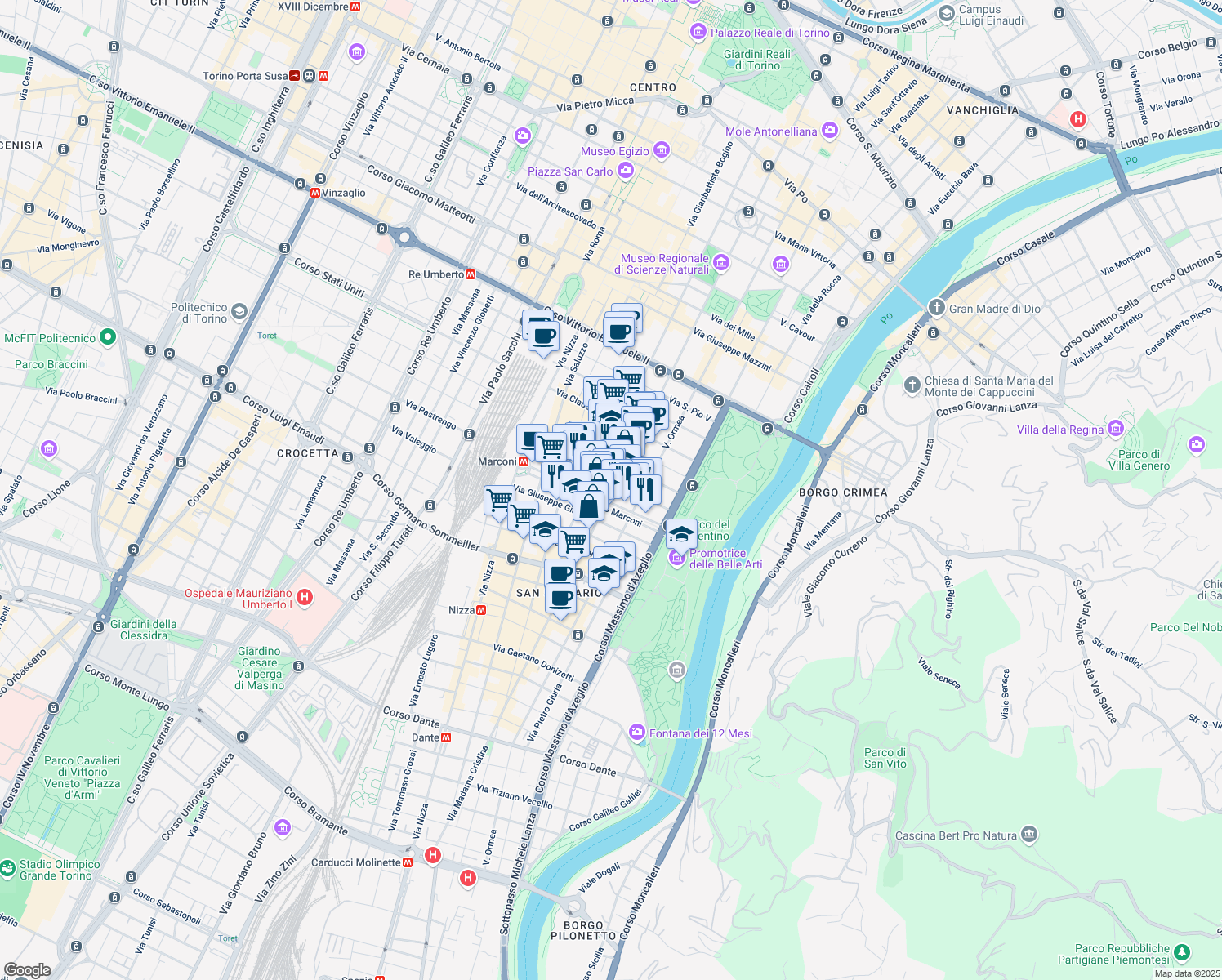 map of restaurants, bars, coffee shops, grocery stores, and more near 32 Via Madama Cristina in Torino