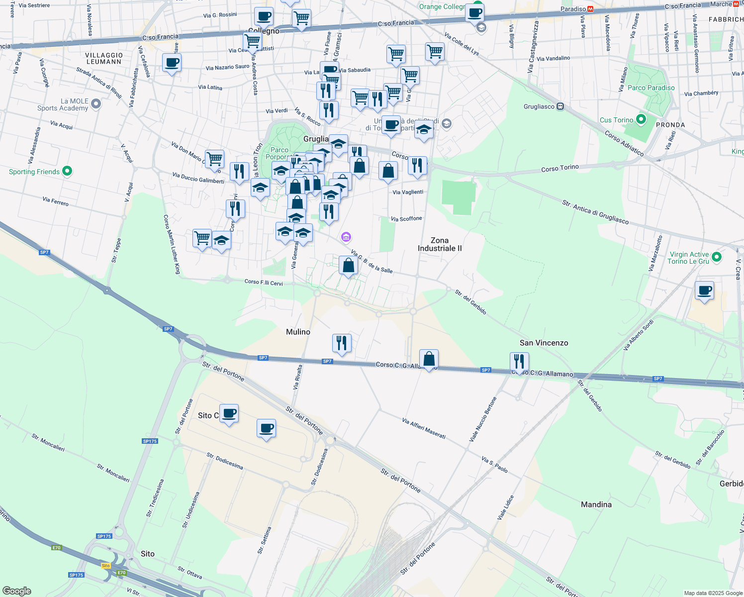 map of restaurants, bars, coffee shops, grocery stores, and more near 31 Via Bongiovanni in Grugliasco