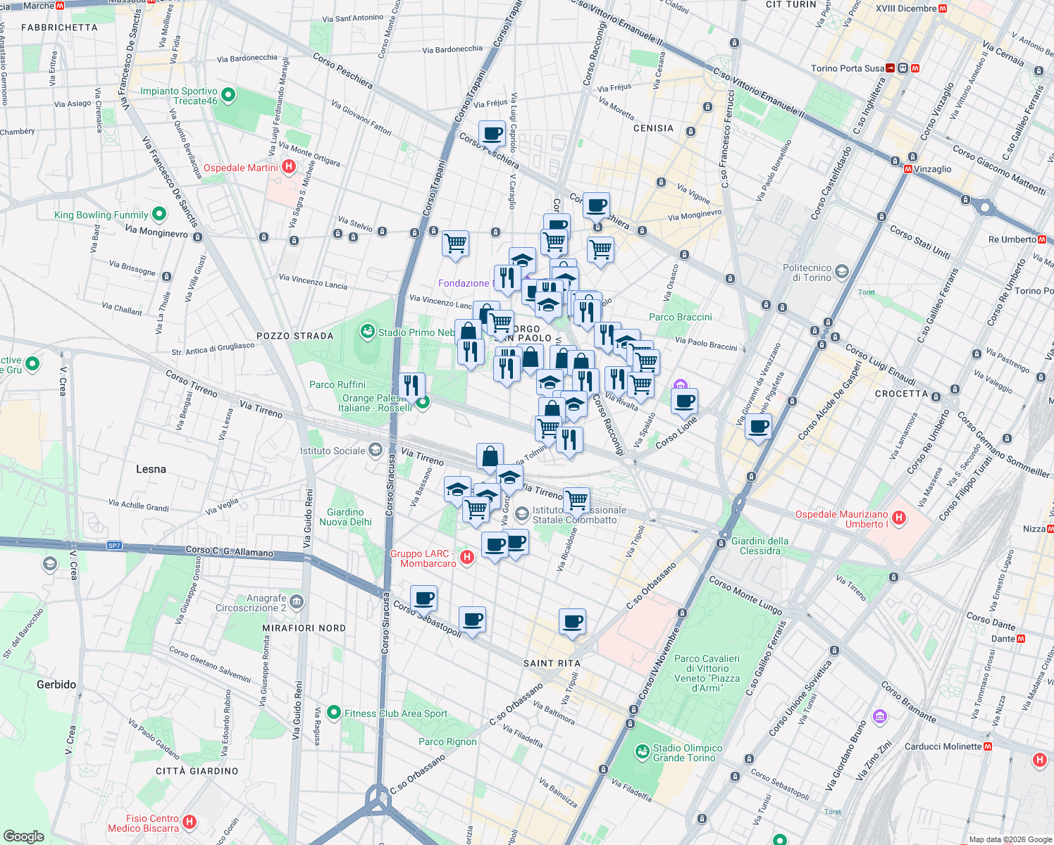 map of restaurants, bars, coffee shops, grocery stores, and more near 127 Via Caraglio in Turin
