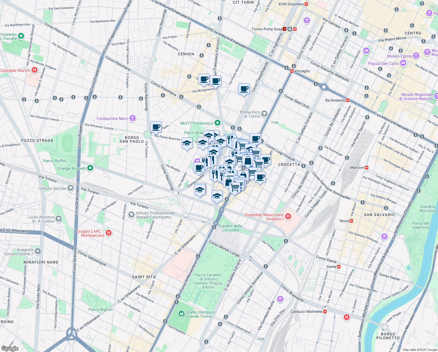 map of restaurants, bars, coffee shops, grocery stores, and more near 48-58 Via Giovanni da Verrazzano in Torino