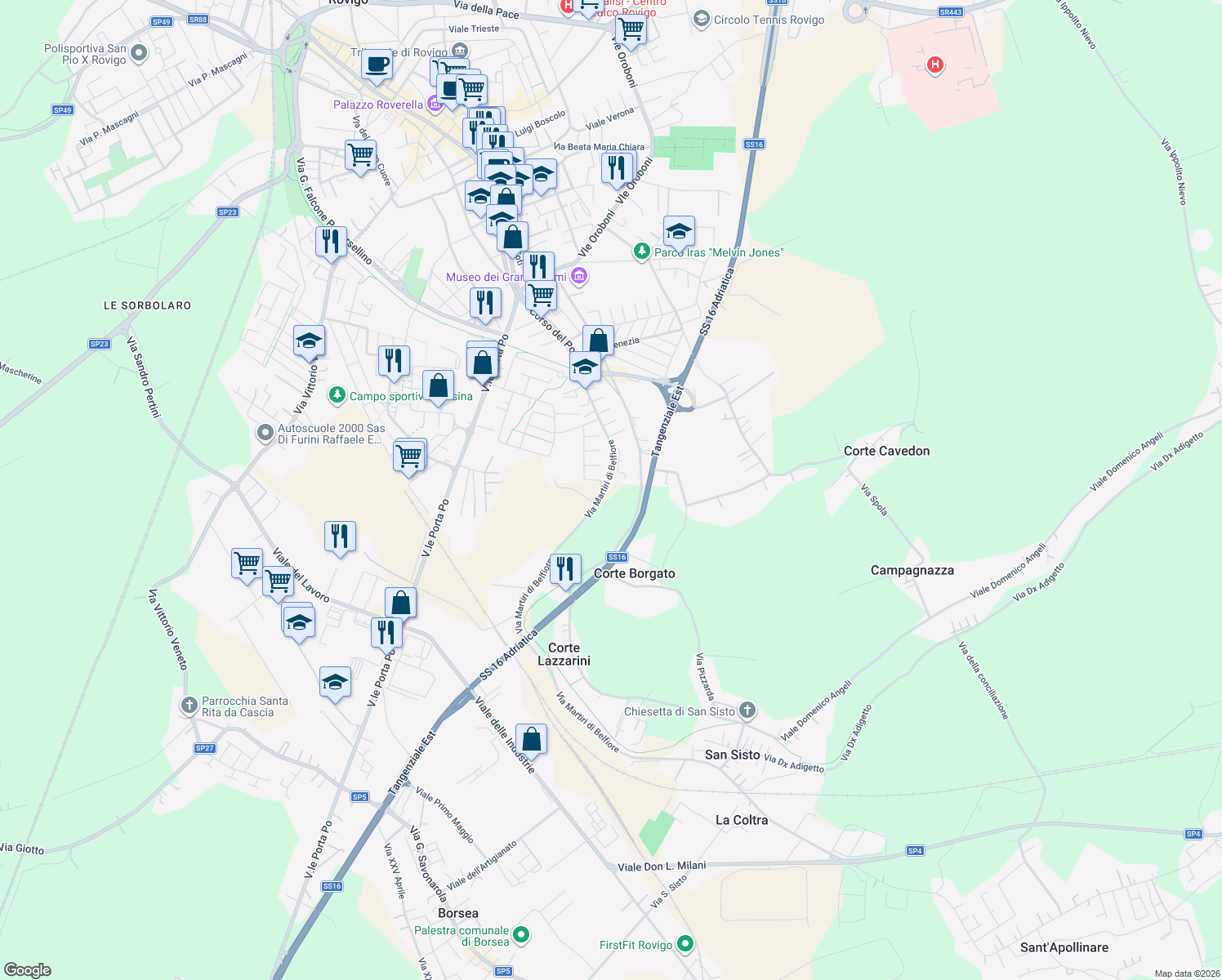 map of restaurants, bars, coffee shops, grocery stores, and more near 57 Via Silvio Barucchello in Provincia di Rovigo