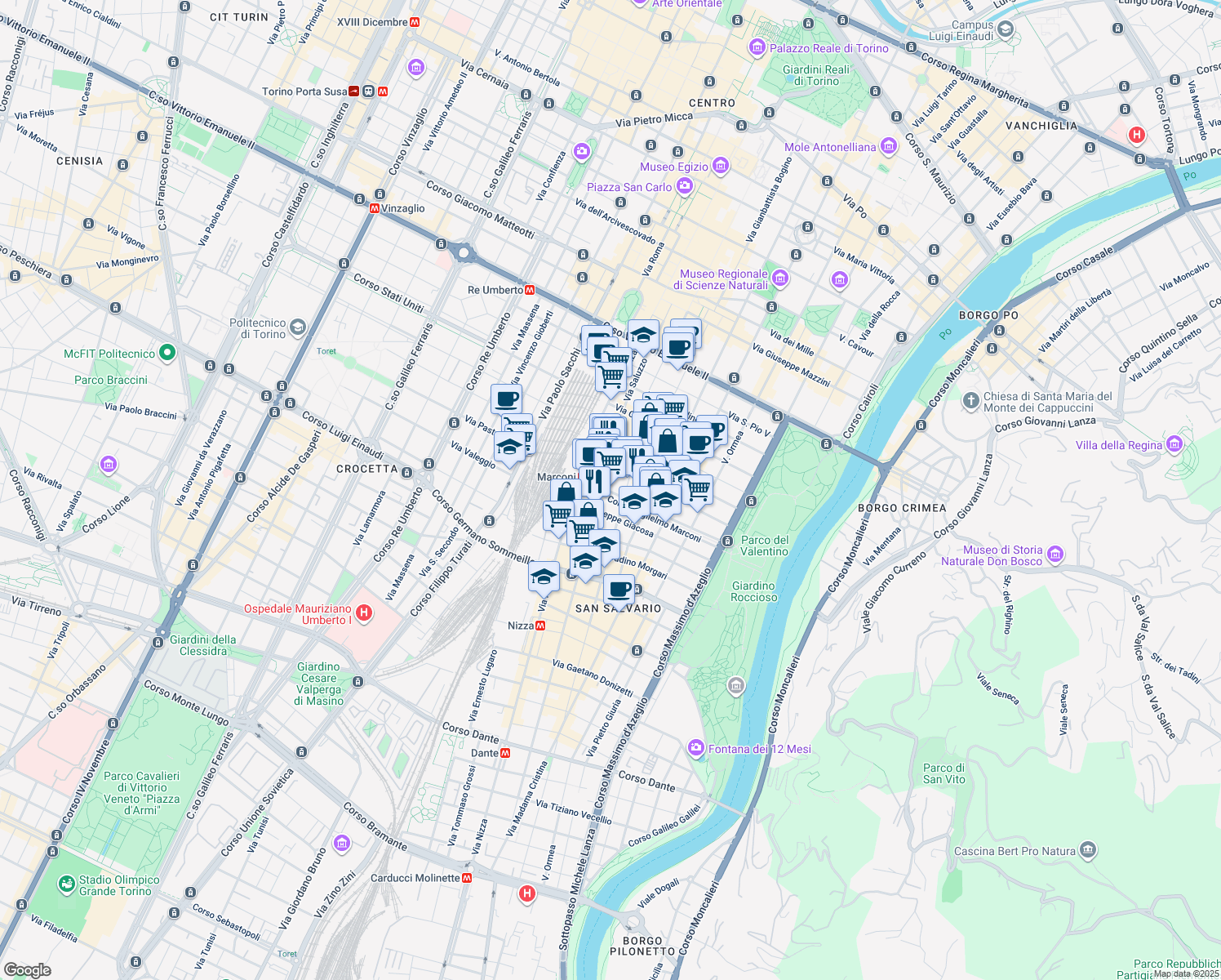 map of restaurants, bars, coffee shops, grocery stores, and more near 9 Corso Guglielmo Marconi in Torino