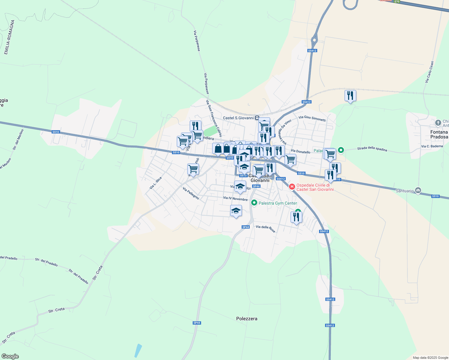 map of restaurants, bars, coffee shops, grocery stores, and more near 24 Via Goffredo Mameli in Castel San Giovanni