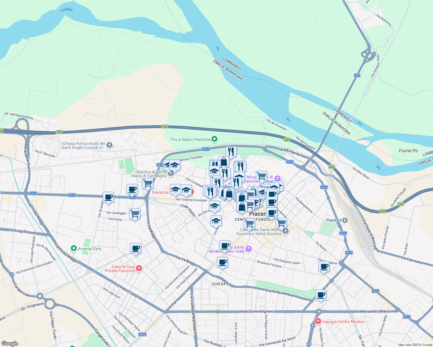 map of restaurants, bars, coffee shops, grocery stores, and more near 33 Via San Bartolomeo in Piacenza