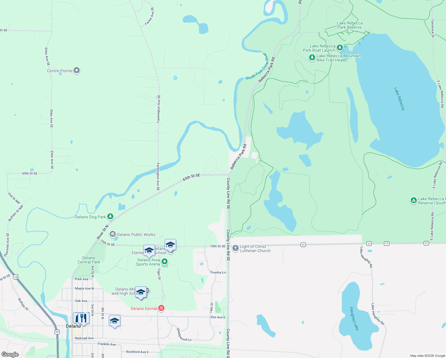 map of restaurants, bars, coffee shops, grocery stores, and more near 6531 County Line Road Southeast in Delano