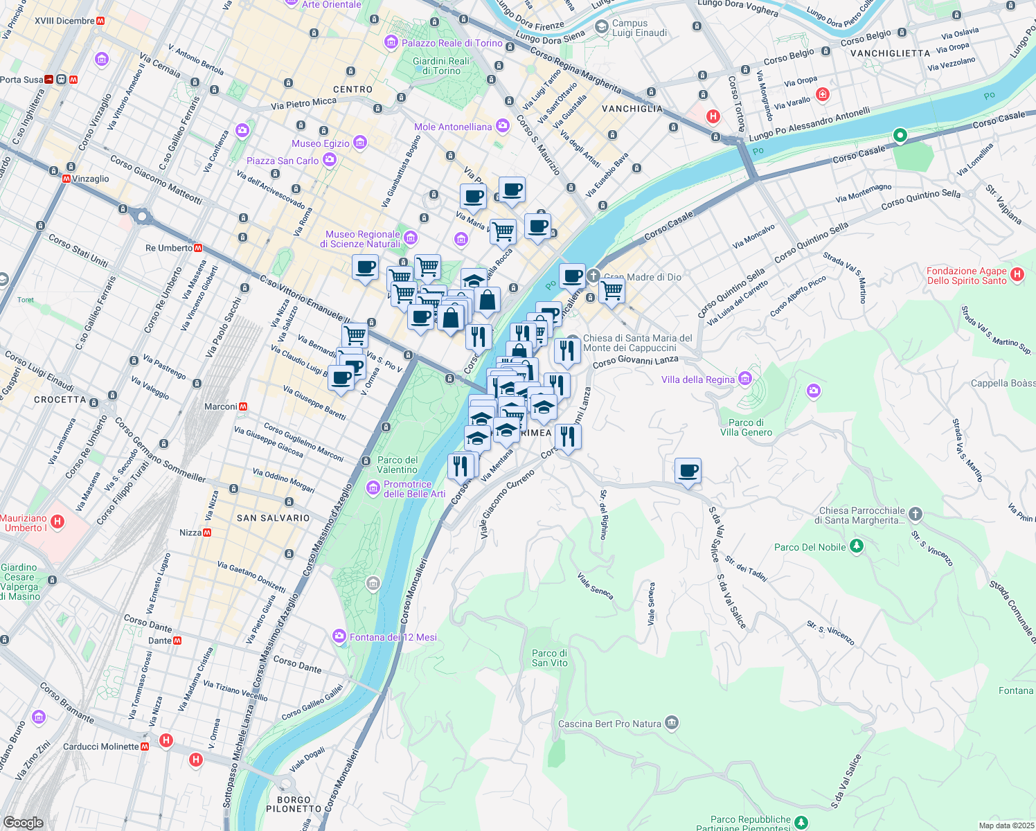map of restaurants, bars, coffee shops, grocery stores, and more near 1-7 Via Volturno in Torino