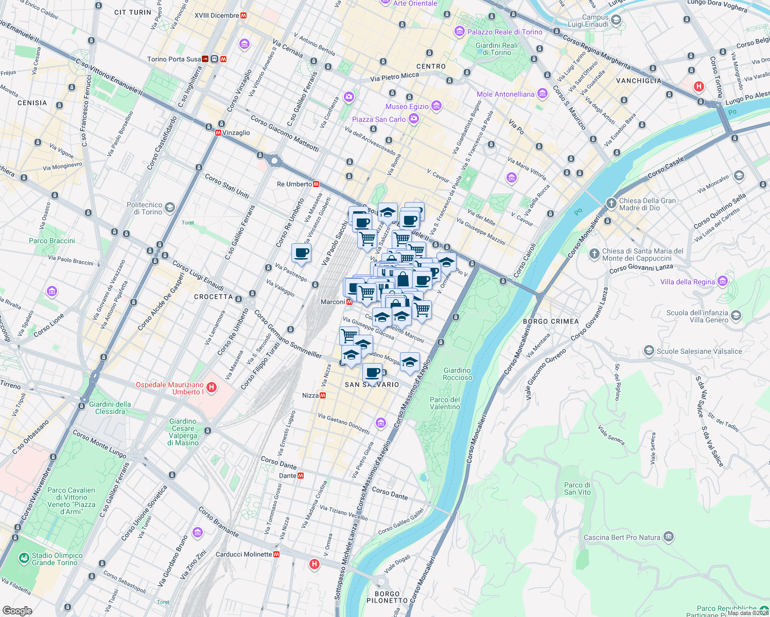map of restaurants, bars, coffee shops, grocery stores, and more near 38 Via Sant'Anselmo in Turin