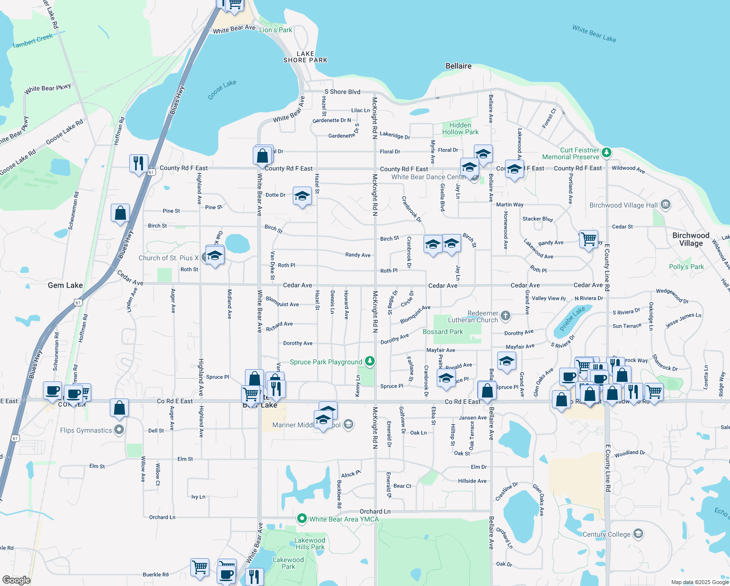 map of restaurants, bars, coffee shops, grocery stores, and more near 3822 Kenny Lane in White Bear Lake