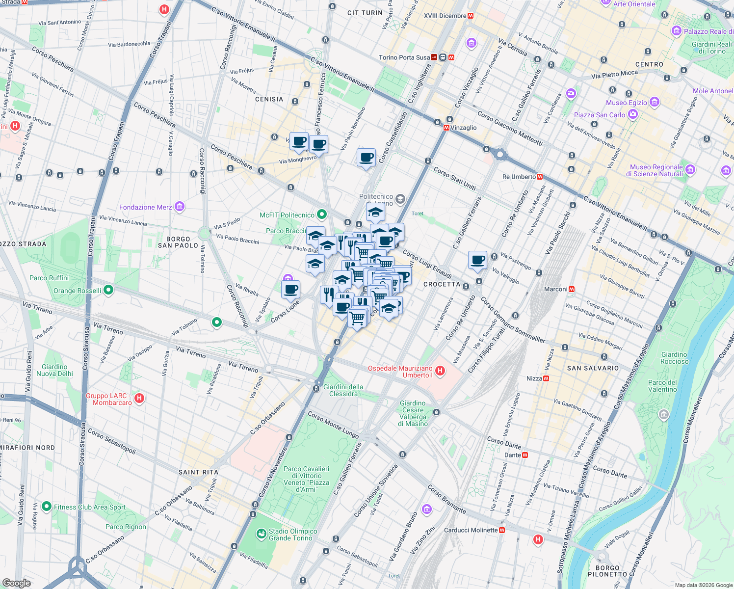 map of restaurants, bars, coffee shops, grocery stores, and more near 59 Corso Duca degli Abruzzi in Turin