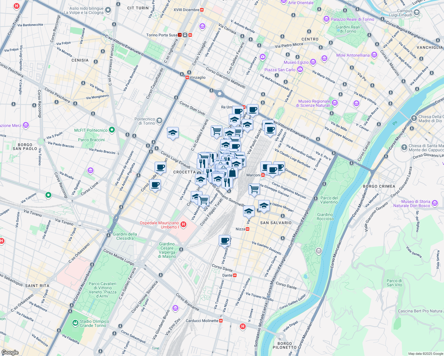 map of restaurants, bars, coffee shops, grocery stores, and more near 14A Via Governolo in Torino
