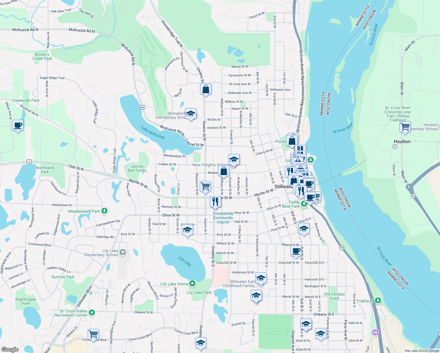 map of restaurants, bars, coffee shops, grocery stores, and more near 230 William Street North in Stillwater