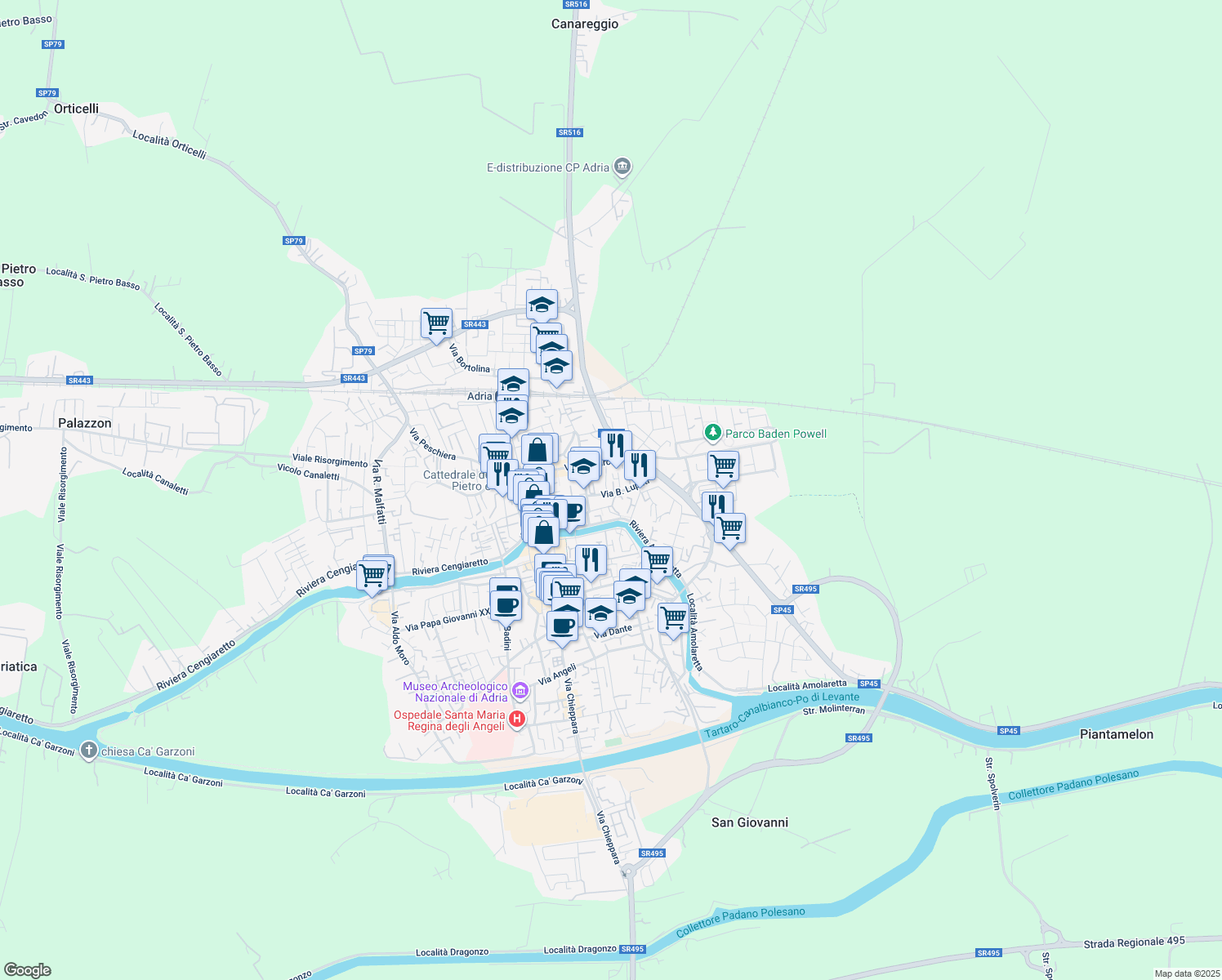 map of restaurants, bars, coffee shops, grocery stores, and more near 11 Via B. Lupati in Adria
