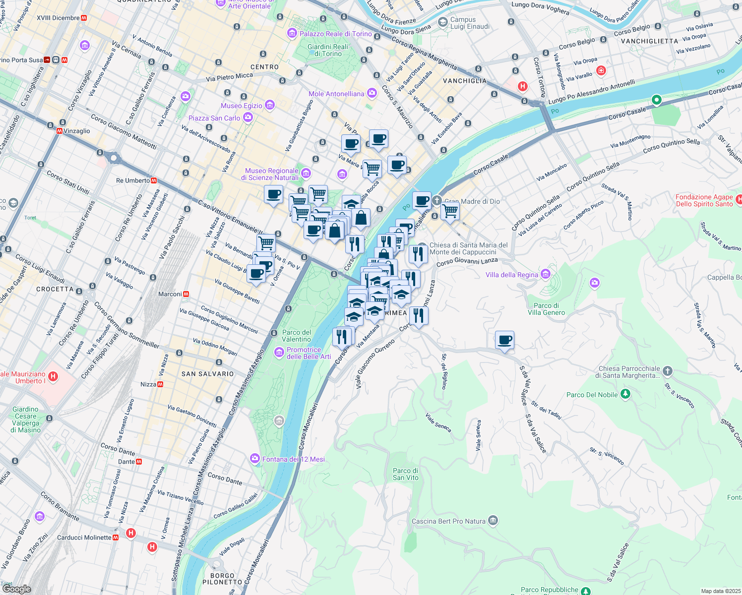 map of restaurants, bars, coffee shops, grocery stores, and more near 7 Via Volturno in Torino
