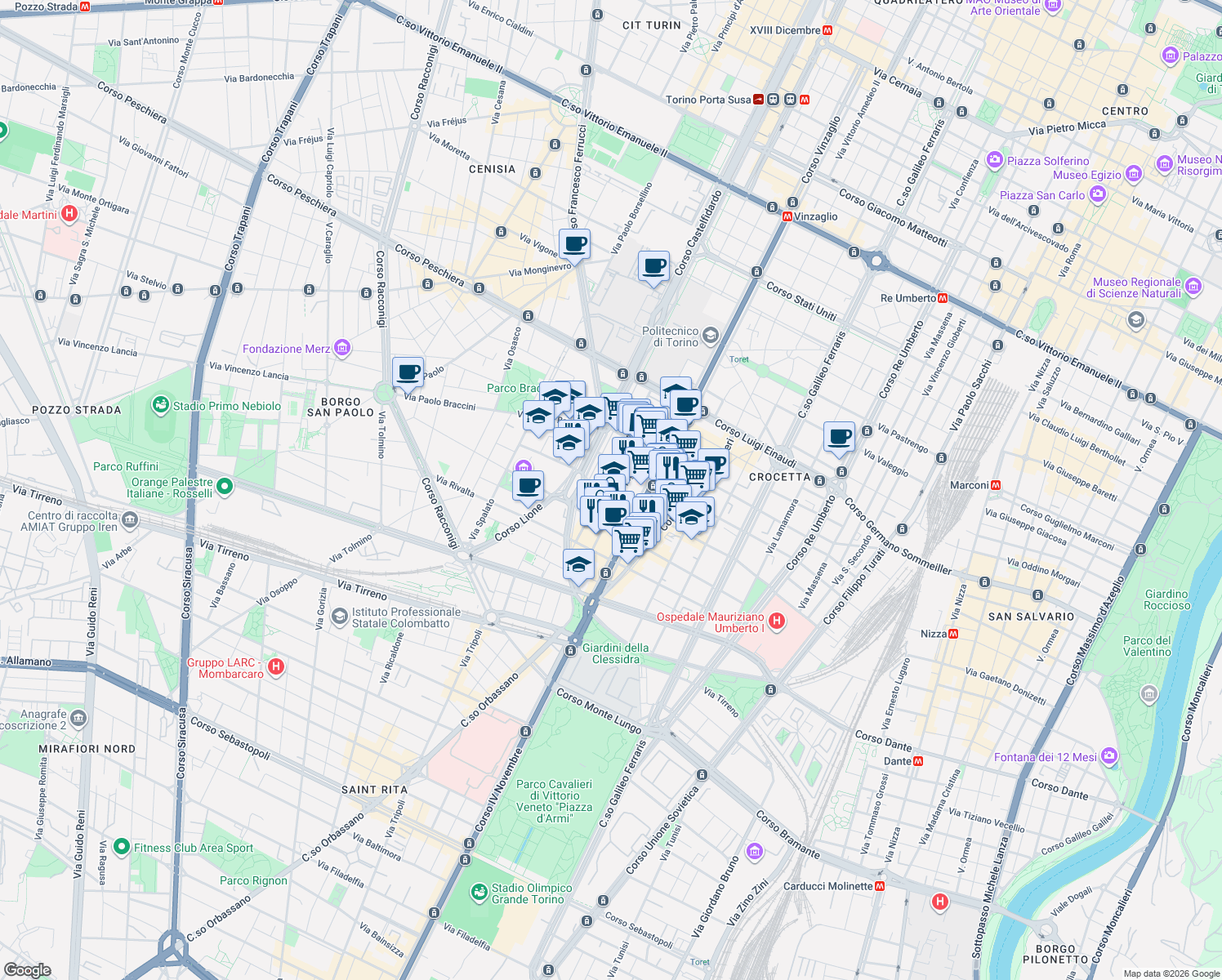 map of restaurants, bars, coffee shops, grocery stores, and more near 41 Via Antonio Pigafetta in Torino