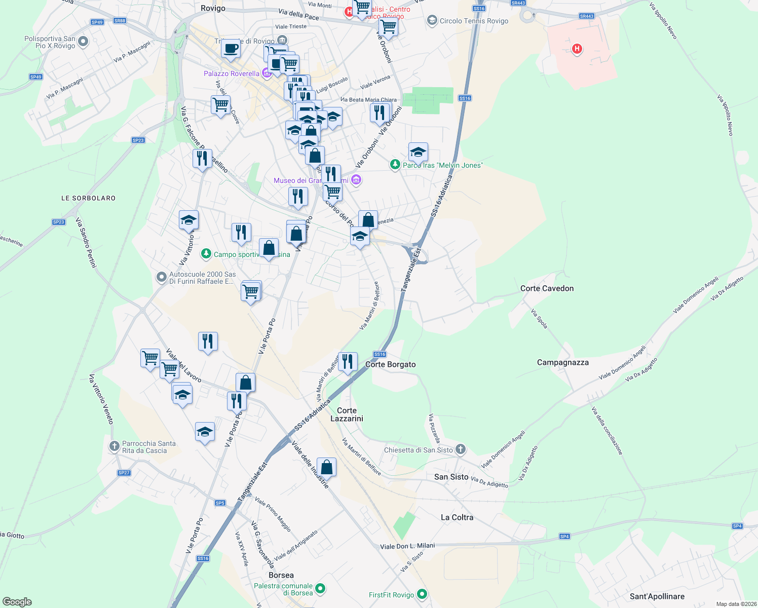 map of restaurants, bars, coffee shops, grocery stores, and more near 57 Via Silvio Barucchello in Provincia di Rovigo