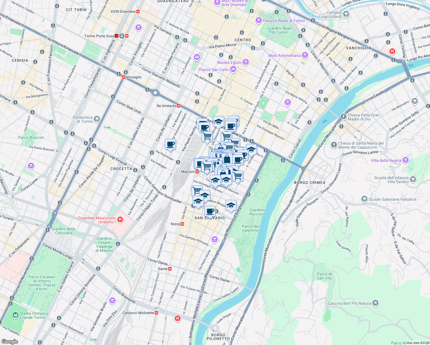 map of restaurants, bars, coffee shops, grocery stores, and more near 38 Via Sant'Anselmo in Turin
