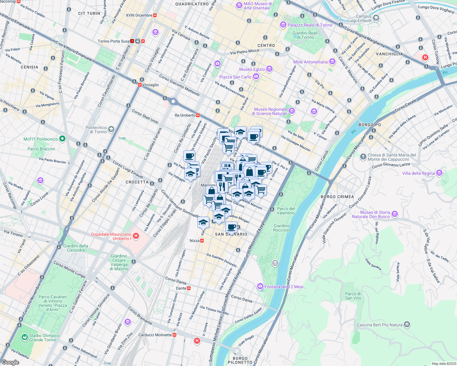 map of restaurants, bars, coffee shops, grocery stores, and more near 9 Corso Guglielmo Marconi in Turin