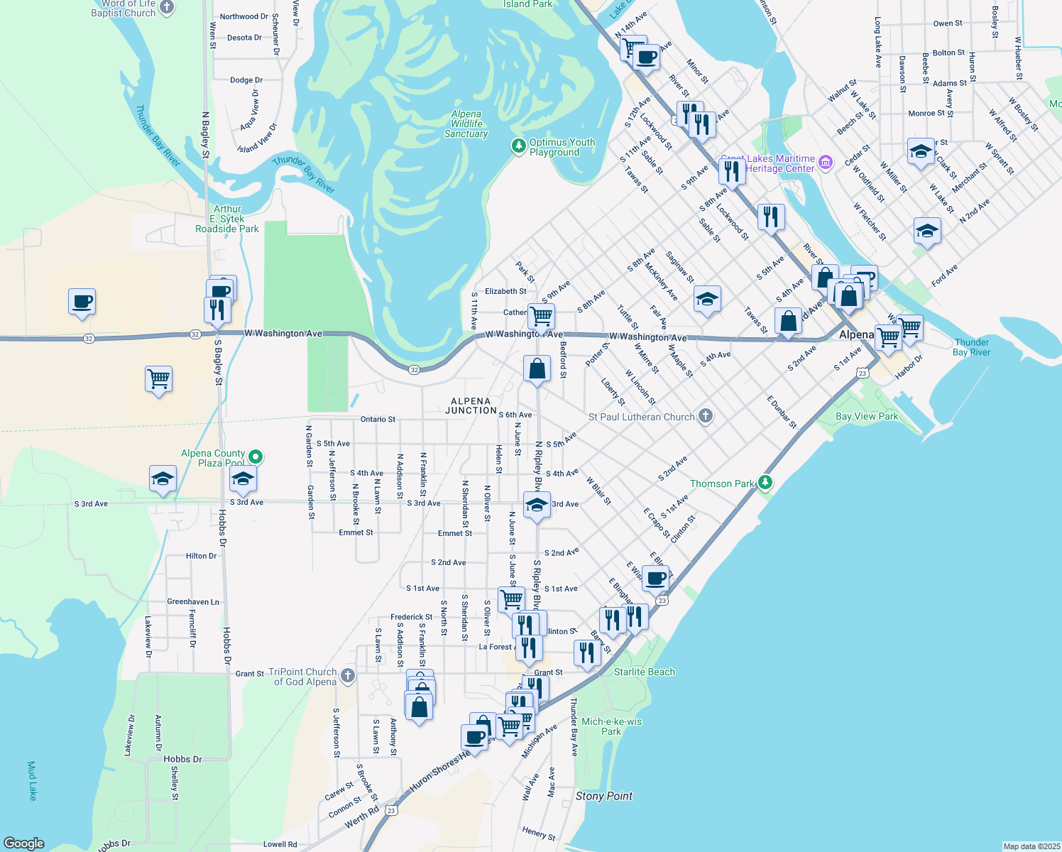 map of restaurants, bars, coffee shops, grocery stores, and more near 468 North Ripley Boulevard in Alpena