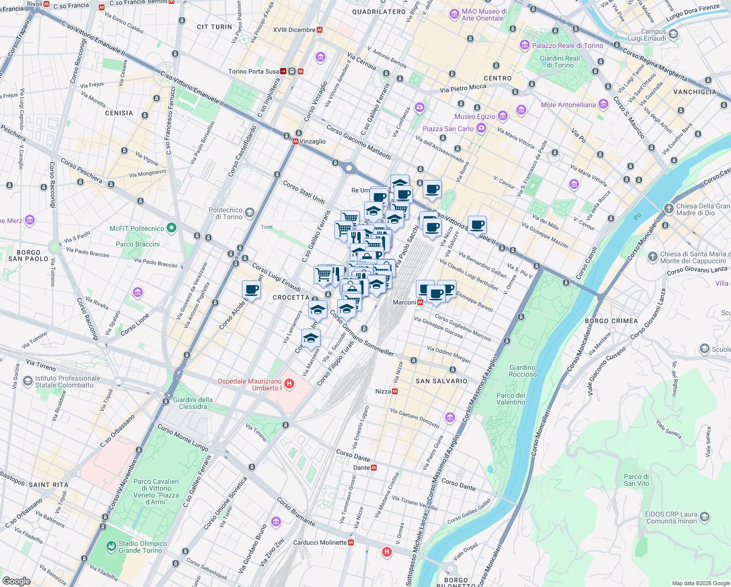 map of restaurants, bars, coffee shops, grocery stores, and more near 50 Via San Secondo in Turin