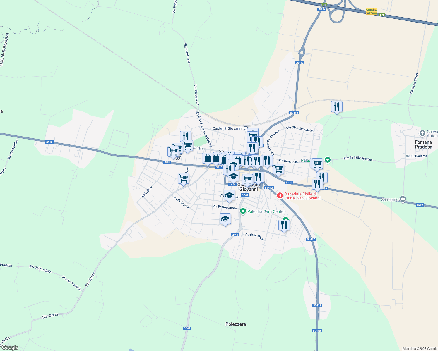 map of restaurants, bars, coffee shops, grocery stores, and more near 11 Vicolo Parmigiani in Castel San Giovanni