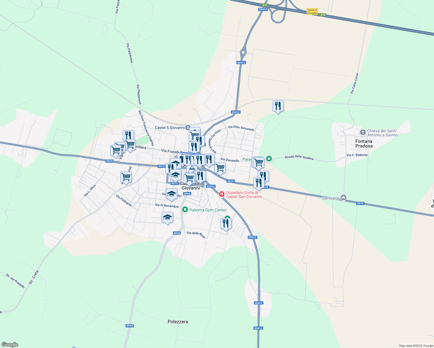 map of restaurants, bars, coffee shops, grocery stores, and more near 9 Via Emilia Piacentina in Castel San Giovanni