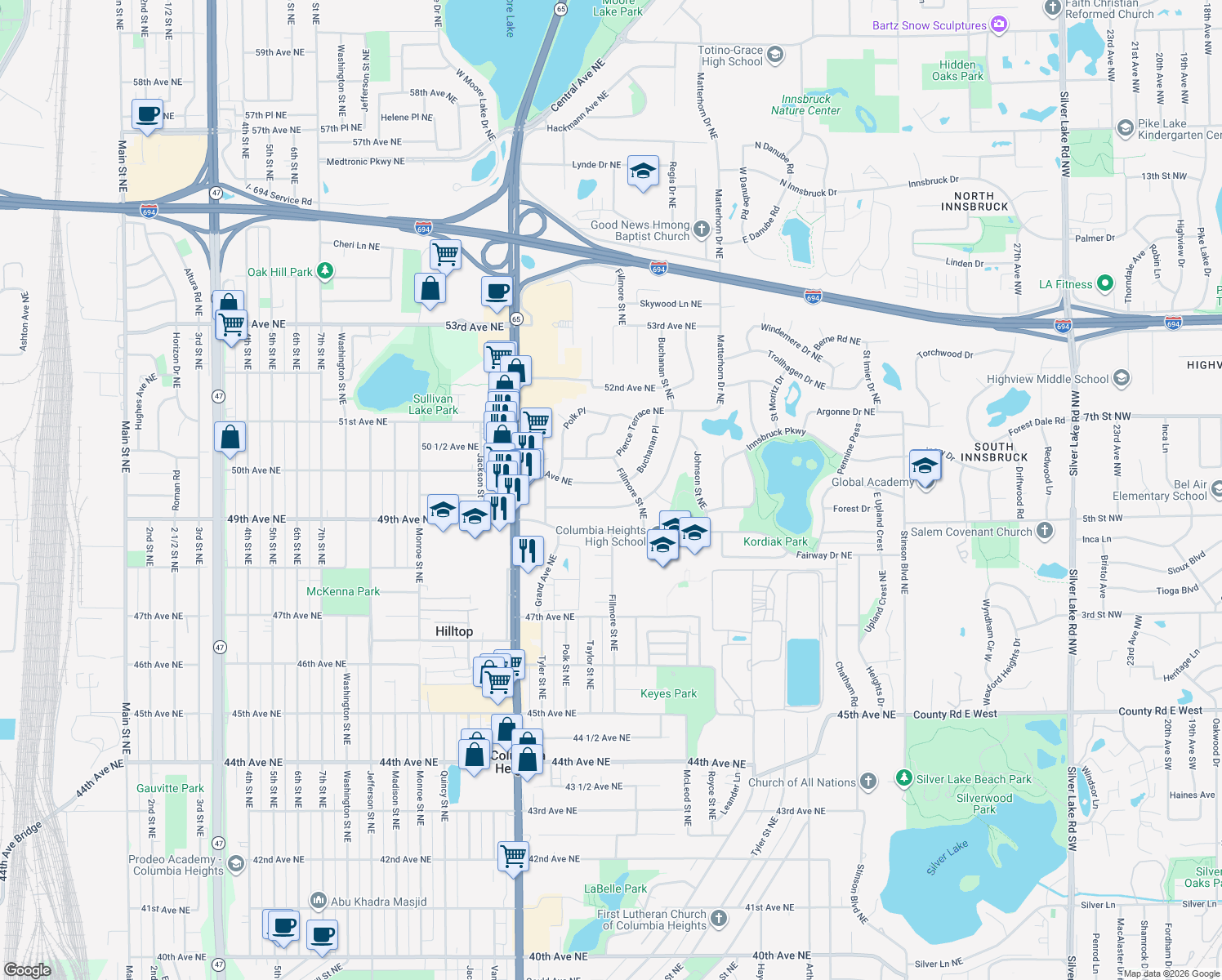 map of restaurants, bars, coffee shops, grocery stores, and more near 1185-1205 50th Avenue Northeast in Columbia Heights