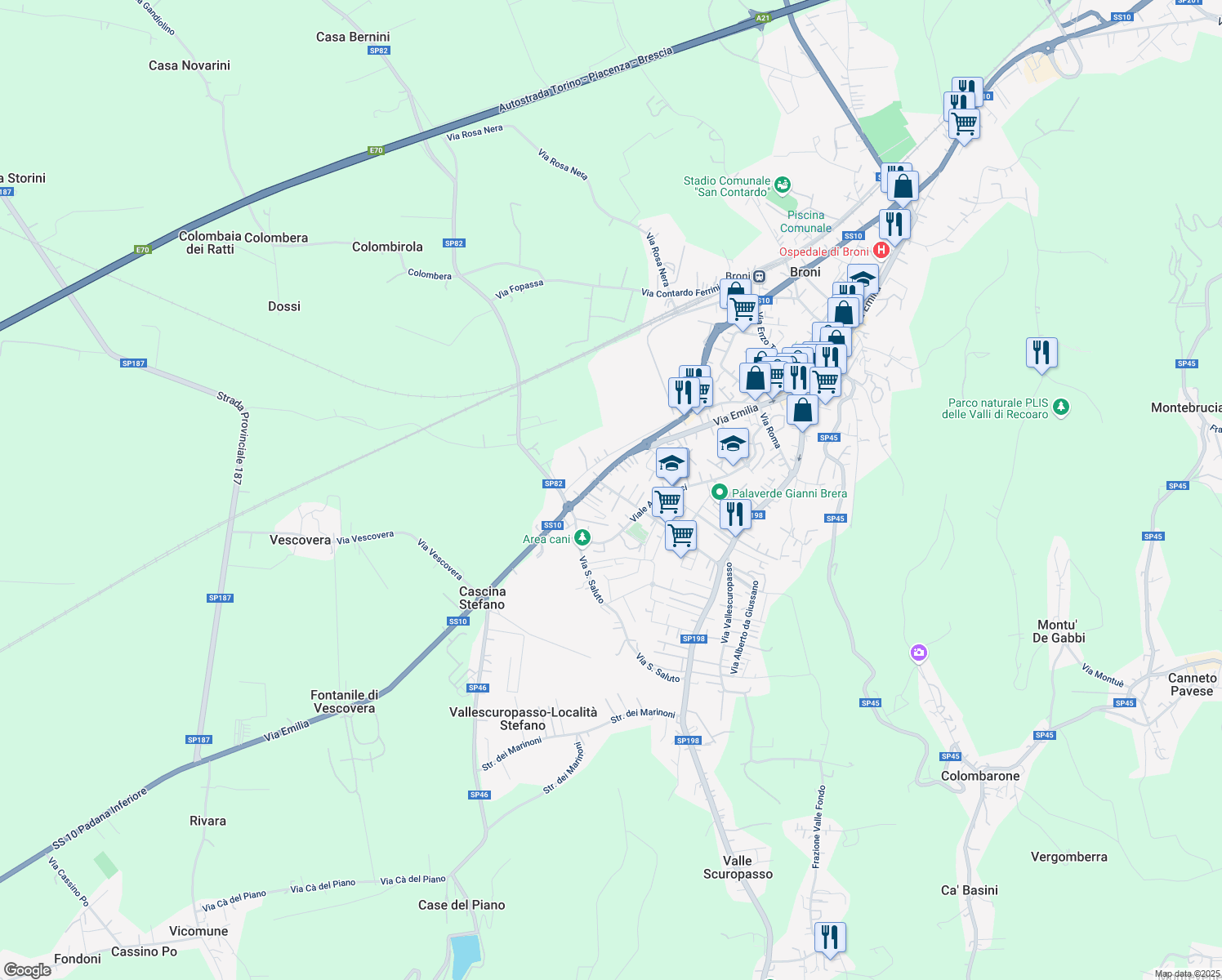 map of restaurants, bars, coffee shops, grocery stores, and more near 37 Via Guglielmo Marconi in Broni