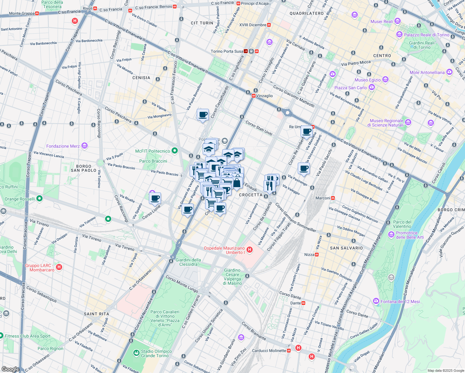 map of restaurants, bars, coffee shops, grocery stores, and more near 12 Via Marco Polo in Torino