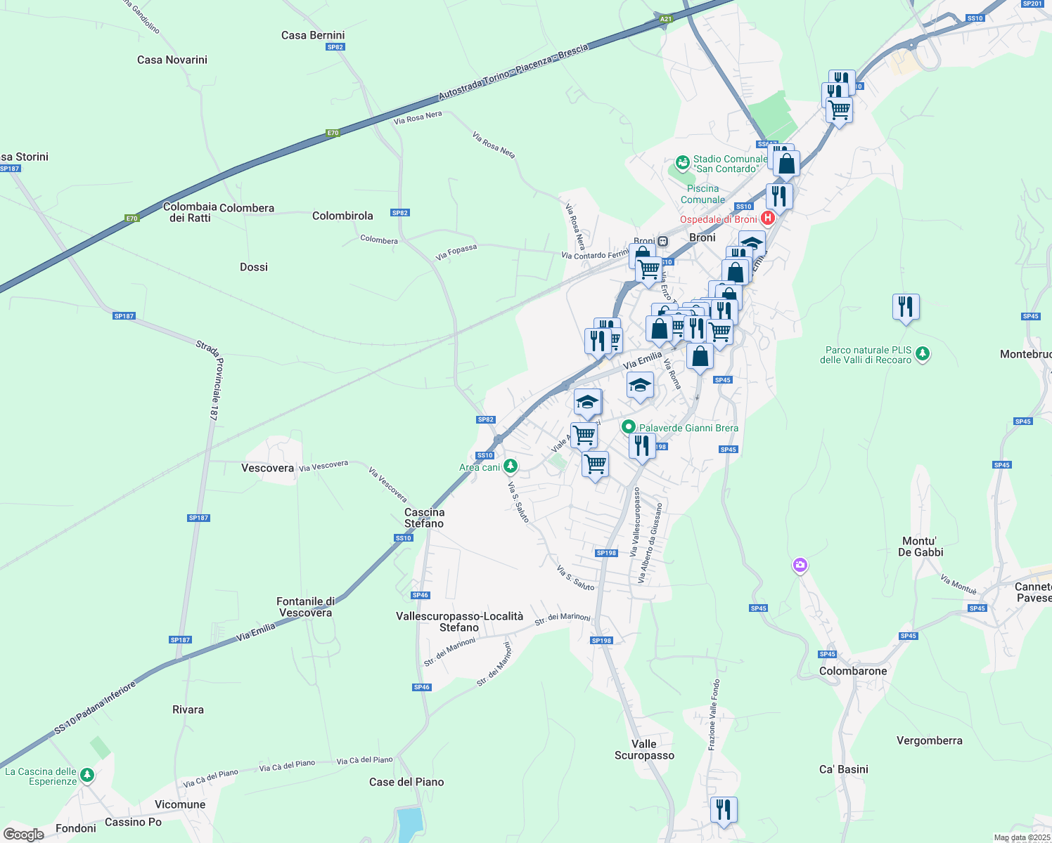 map of restaurants, bars, coffee shops, grocery stores, and more near 37 Via G. Marconi in Broni