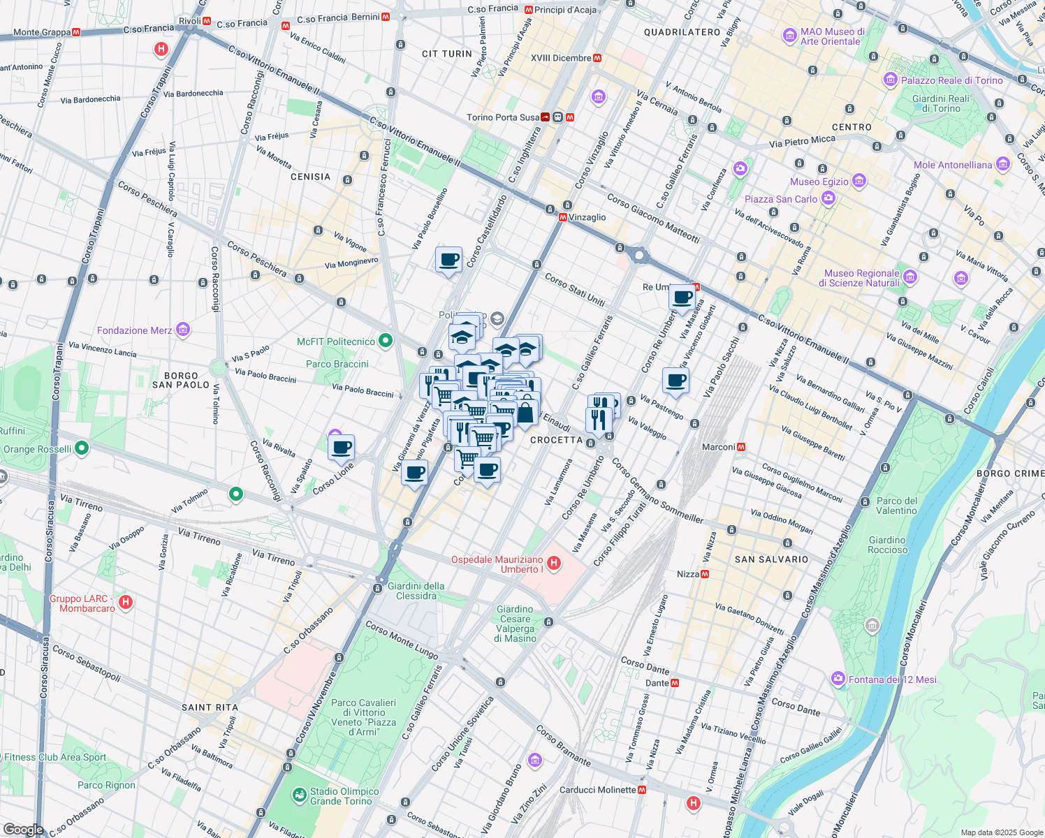 map of restaurants, bars, coffee shops, grocery stores, and more near 12 Via Marco Polo in Torino