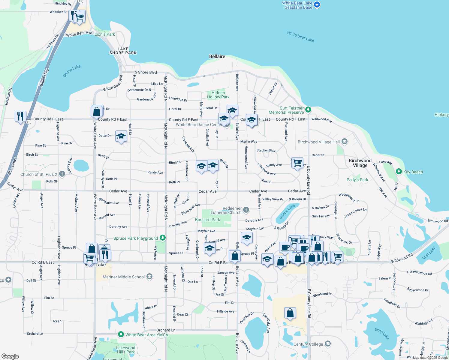 map of restaurants, bars, coffee shops, grocery stores, and more near 3879 Oak Terrace in White Bear Lake