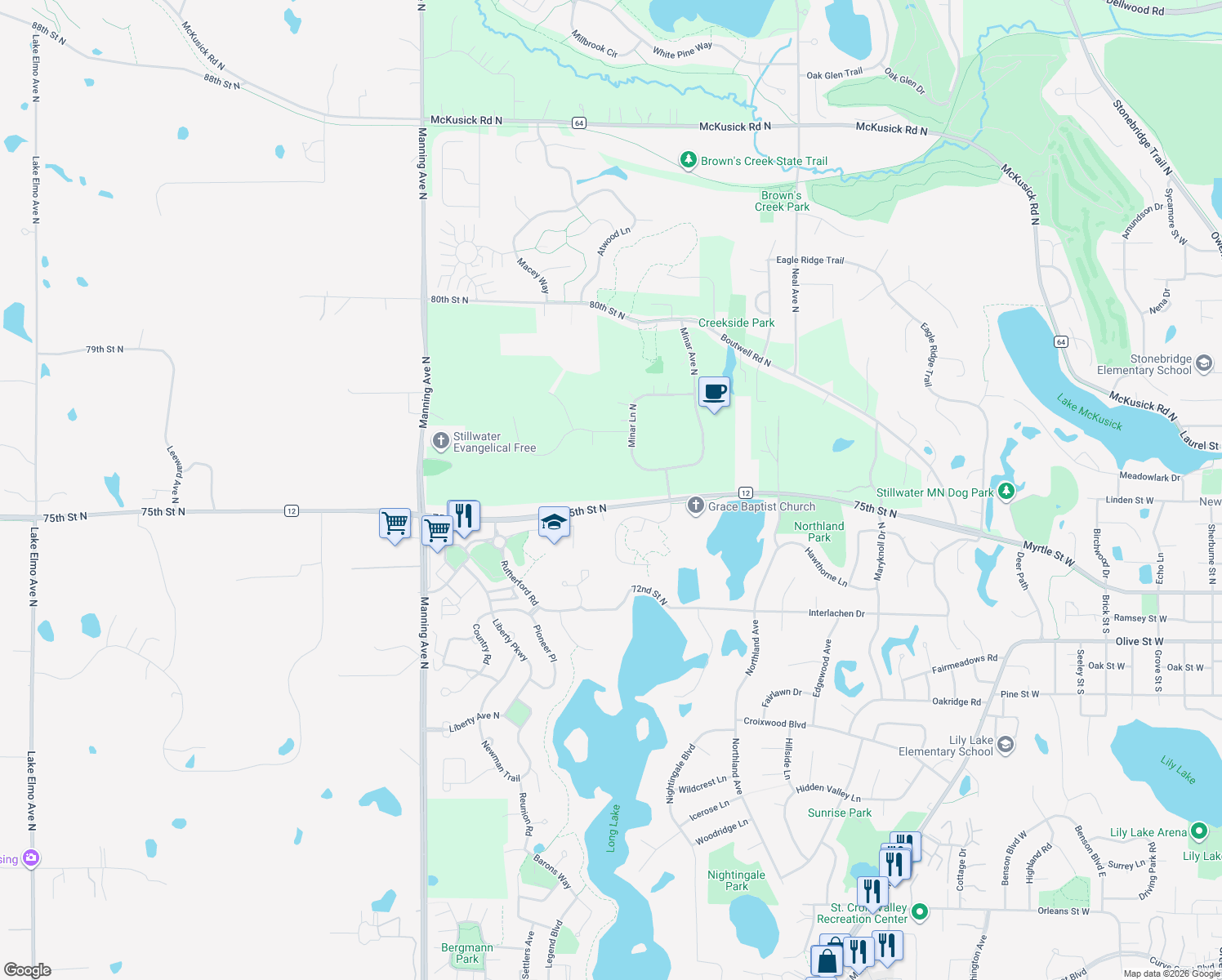 map of restaurants, bars, coffee shops, grocery stores, and more near 12530 75th Street North in Stillwater