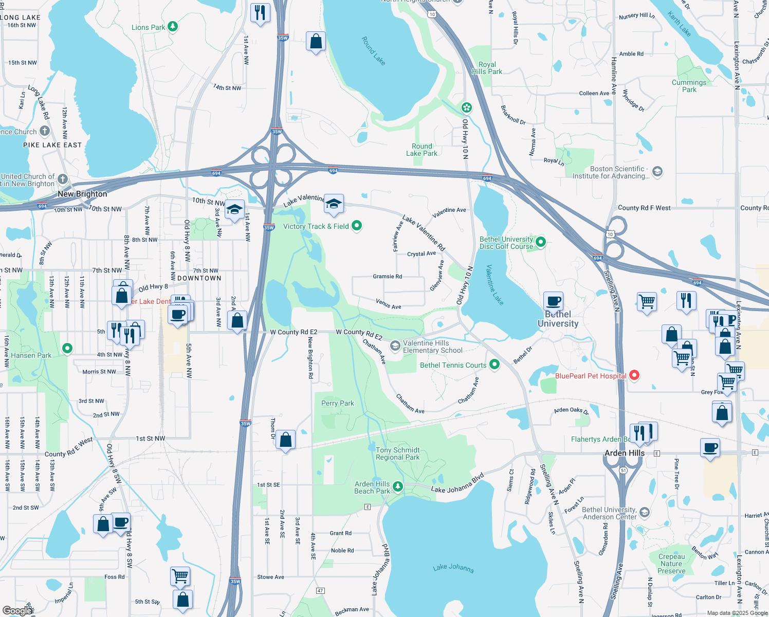 map of restaurants, bars, coffee shops, grocery stores, and more near 1798 Venus Avenue in Arden Hills