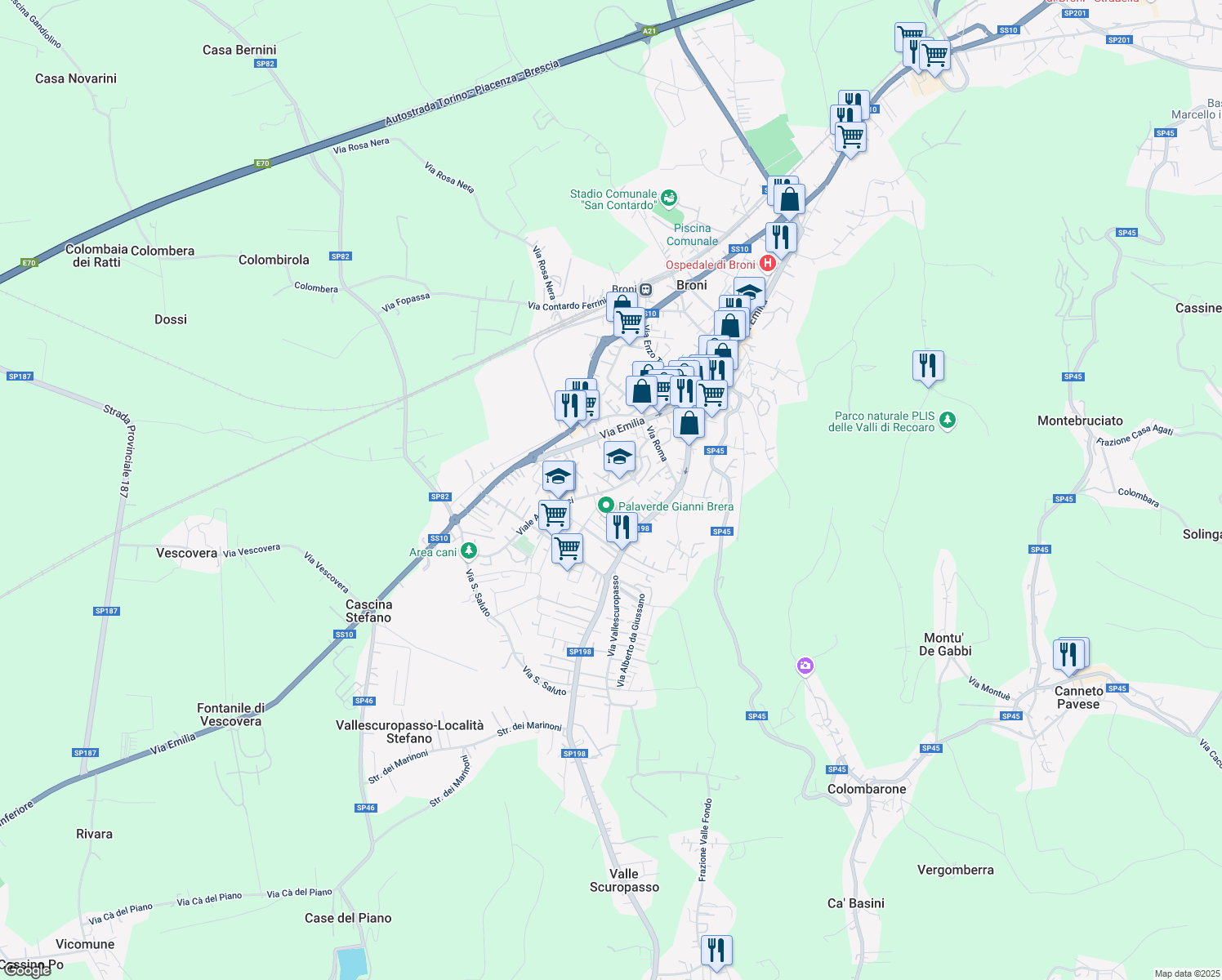 map of restaurants, bars, coffee shops, grocery stores, and more near 5 Via Galileo Galilei in Broni