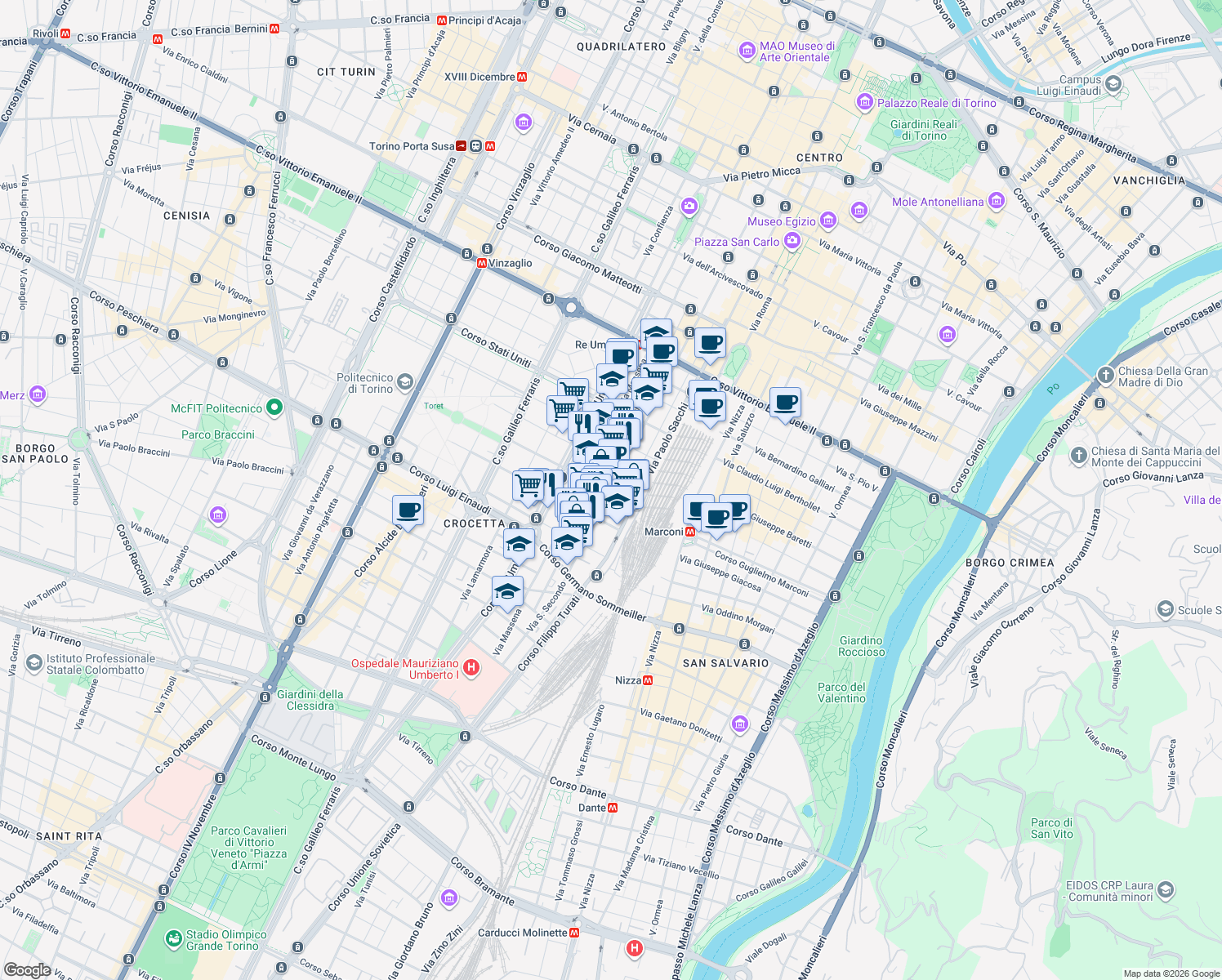 map of restaurants, bars, coffee shops, grocery stores, and more near 50 Via San Secondo in Torino