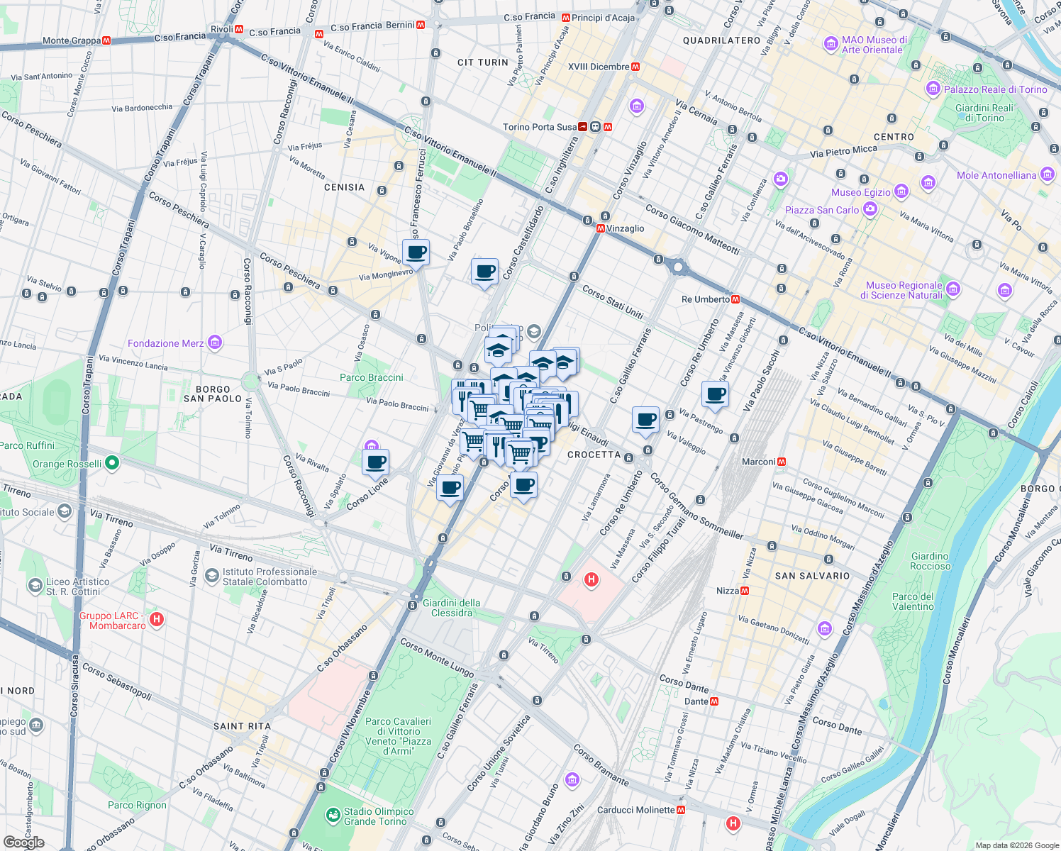 map of restaurants, bars, coffee shops, grocery stores, and more near 10 Via Giacomo Bove in Turin