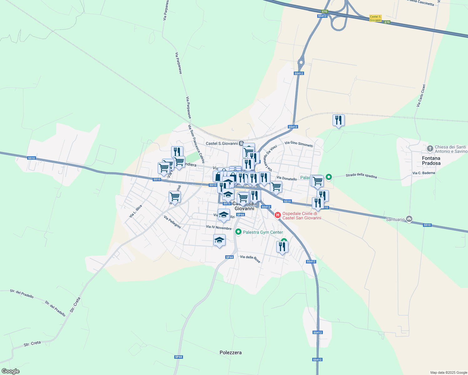 map of restaurants, bars, coffee shops, grocery stores, and more near 9 Via Giuseppe Verdi in Castel San Giovanni