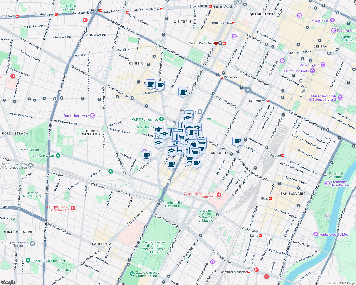 map of restaurants, bars, coffee shops, grocery stores, and more near 46 Via Cristoforo Colombo in Turin